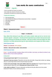 Mots de sens contraire - Séquence - Fiche de préparation : 4eme Primaire - PDF à imprimer
