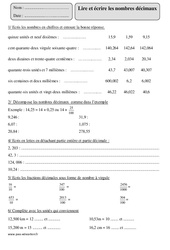 Lire et écrire les nombres décimaux - Exercices corrigés - Numération - Mathématiques : 5eme Primaire - PDF à imprimer