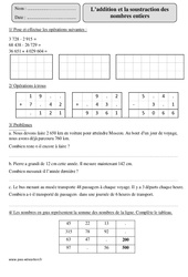 Addition et soustraction des nombres entiers - Exercices corrigés - Calcul - Mathématiques : 5eme Primaire - PDF à imprimer