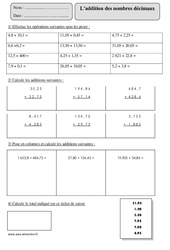Addition des nombres décimaux - Exercices corrigés - Calcul - Mathématiques : 5eme Primaire - PDF à imprimer
