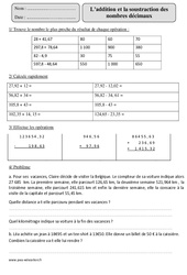 Addition et Soustraction des nombres décimaux - Exercices corrigés - Calcul - Mathématiques : 5eme Primaire - PDF à imprimer