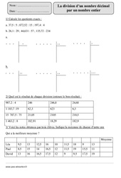 Division d'un décimal par un entier - Exercices corrigés - Calcul - Mathématiques : 5eme Primaire - PDF à imprimer