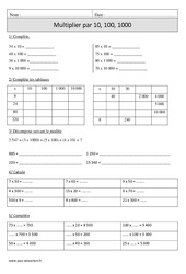 Multiplication par 10, 100, 1000 - Exercices corrigés - Calcul - Mathématiques : 4eme Primaire - PDF à imprimer