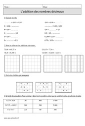 Addition des nombres décimaux - Exercices corrigés - Calcul - Mathématiques : 4eme Primaire - PDF à imprimer
