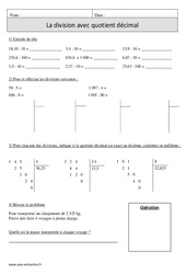 Division avec quotient décimal - Exercices corrigés - Calcul - Mathématiques : 4eme Primaire - PDF à imprimer