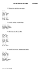 Diviser par 10, 100, 1000 - Exercices - Calcul - Mathématiques : 4eme Primaire - PDF à imprimer