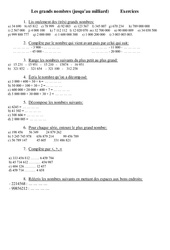 Milliard - Grands nombres - Exercices - Numération - Mathématiques : 4eme Primaire - PDF à imprimer