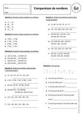 Comparaison de nombres - Exercices corrigés - Nombres entiers : 6eme Primaire - PDF à imprimer