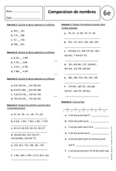 Comparaison de nombres - Exercices corrigés - Nombres entiers : 6eme Primaire - PDF à imprimer
