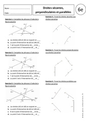 Droites sécantes, perpendiculaires et parallèles - Exercices corrigés  - Géométrie : 6eme Primaire - PDF à imprimer