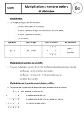 Multiplications - Nombres entiers - Décimaux - Cours : 6eme Primaire - PDF à imprimer