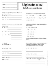 Calculs sans parenthèses - Exercices corrigés - Règles de calcul : 1ere Secondaire - PDF à imprimer
