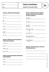 Puissance d’un nombre relatif - Exercices corrigés - Calcul numérique : 3eme Secondaire - PDF à imprimer