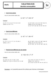Calcul littéral - Identités remarquables - Cours : 3eme Secondaire - PDF à imprimer