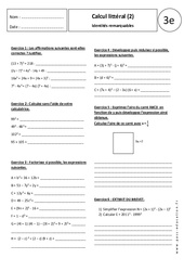 Calcul littéral - Identités remarquables - Exercices corrigés : 3eme Secondaire - PDF à imprimer