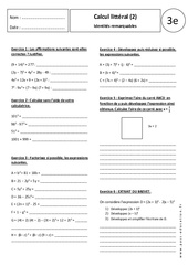 Identités remarquables - Calcul littéral - Exercices corrigés : 3eme Secondaire - PDF à imprimer