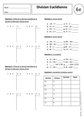 Division Euclidienne - Exercices corrigés - Divisions : 6eme Primaire - PDF à imprimer