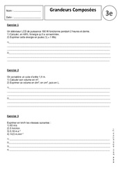Grandeurs composées - Exercices corrigés - Aires et volumes : 3eme Secondaire - PDF à imprimer