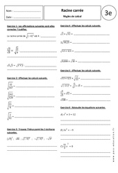 Règles de calcul - Exercices corrigés - Racine carrée : 3eme Secondaire - PDF à imprimer