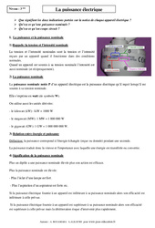 Puissance électrique - Cours - Physique - Chimie : 3eme Secondaire - PDF à imprimer