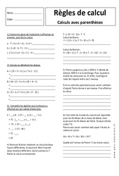Règles de calcul avec parenthèses - Exercices corrigés : 1ere Secondaire - PDF à imprimer