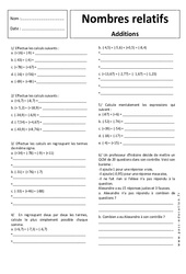 Additions - Nombres relatifs - Exercices corrigés : 1ere Secondaire - PDF à imprimer