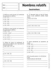 Soustraction - Nombres relatifs - Exercices corrigés : 1ere Secondaire - PDF à imprimer