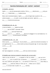 Exercice a - à - on - ont - son - sont - Exercices - Homonymes : 3eme Primaire - PDF à imprimer