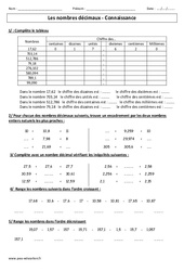 Nombres décimaux - Connaissance - Exercices corrigés -  Numération : 4eme, 5eme Primaire - PDF à imprimer