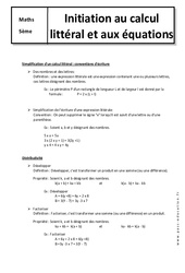 Initiation au calcul littéral et aux équations - Cours : 1ere Secondaire - PDF à imprimer