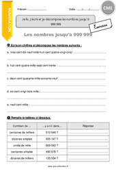 Lire, écrire les nombres jusqu’à 999 999 - Séance 1 - Exercices avec correction : 4eme Primaire - PDF à imprimer