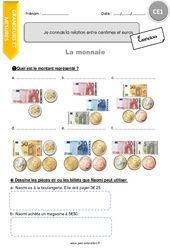 Connaître la relation entre centimes et euros - Exercices  : 2eme Primaire - PDF à imprimer