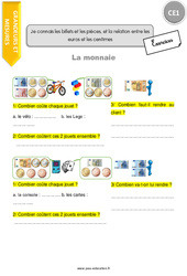 Connaître les billets et les pièces, et la relation entre les euros et les centimes - Exercices  : 2eme Primaire - PDF à imprimer