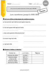 Lire, écrire et décomposer les nombres jusqu’à 999 999 - Exercices avec correction : 4eme Primaire - PDF à imprimer